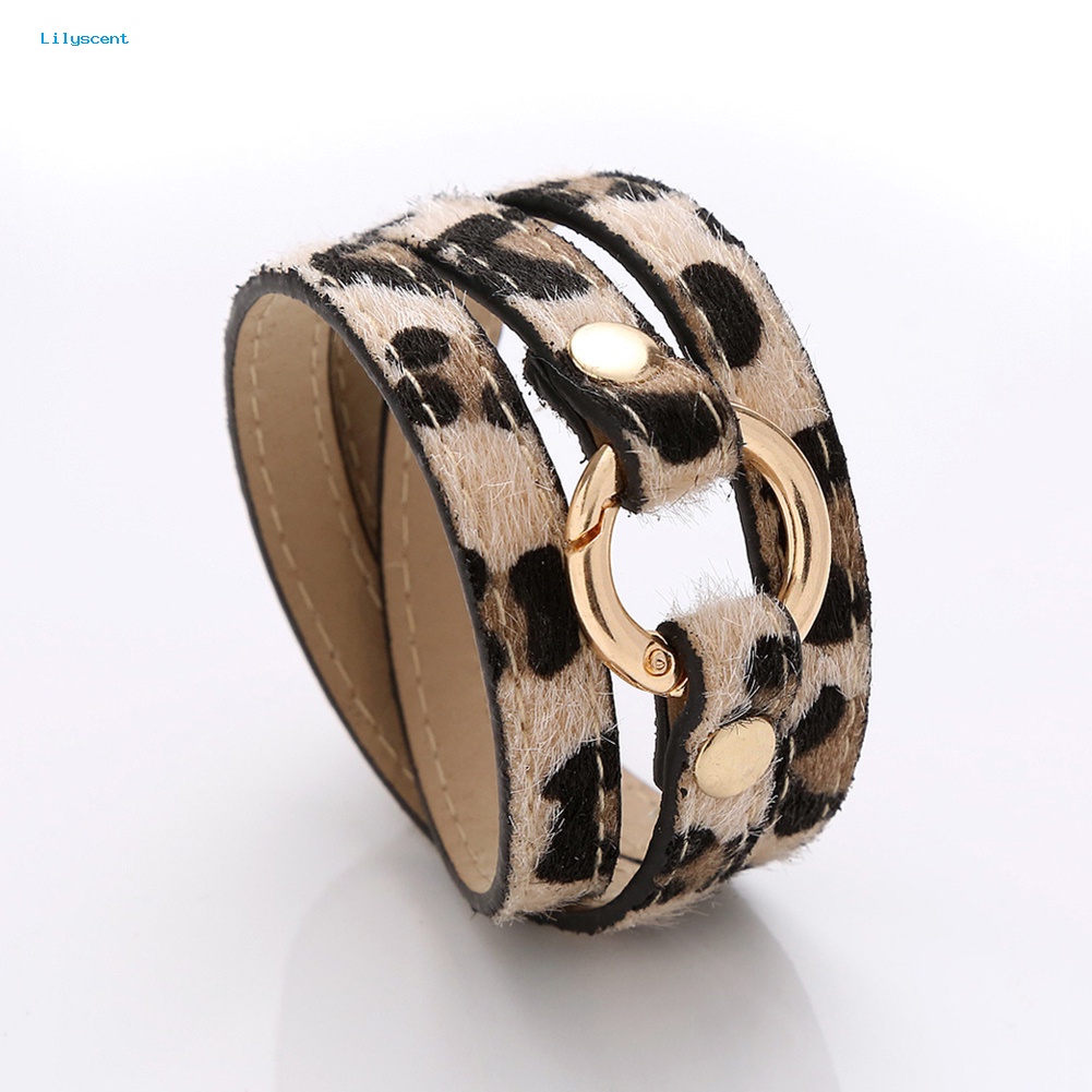 Lilyscent Wanita Multi-layer Berliku Leopard Cincin Panjang Kulit Imitasi Gelang Bangle Perhiasan