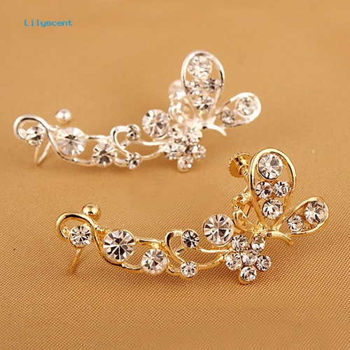 Lilyscent Retro Kristal Imitasi Kupu-Kupu Bunga Telinga Cuff Stud Earring Clip on Untuk Telinga Kanan