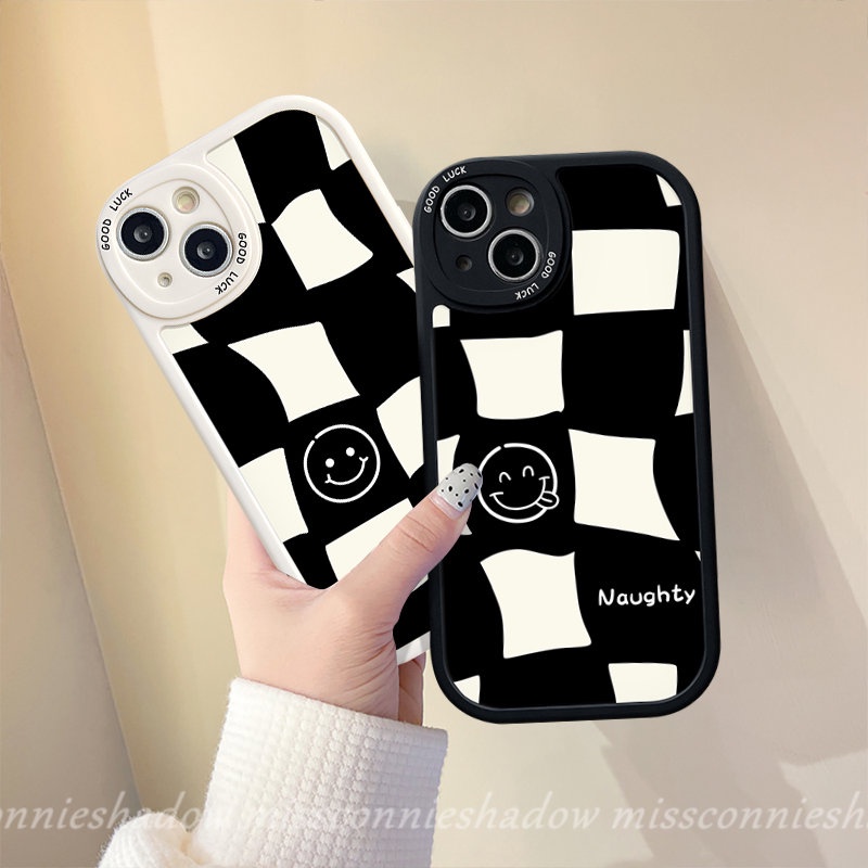 Casing Realme C53 C21Y C30 C25s C15 C55 10 C12 10 Pro Plus 5i 7i 6i 6s 6 8i 8Pro C11 C25Y C31 C35 5 9i 8 C21 GT C17 C2 C3 C20 C17 Simple Kotak-Kotak Pasangan Happy Smile TPU Sarung