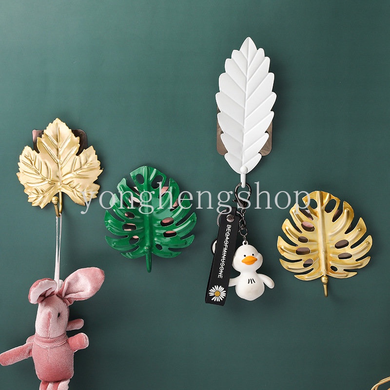 Nordic Ins Style Leaf Shaped Hook Self-adhesive Logam Dinding Dipasang Kunci Kait Gantungan Baju Dekorasi Kamar Organizer Rumah Rak Penyimpanan