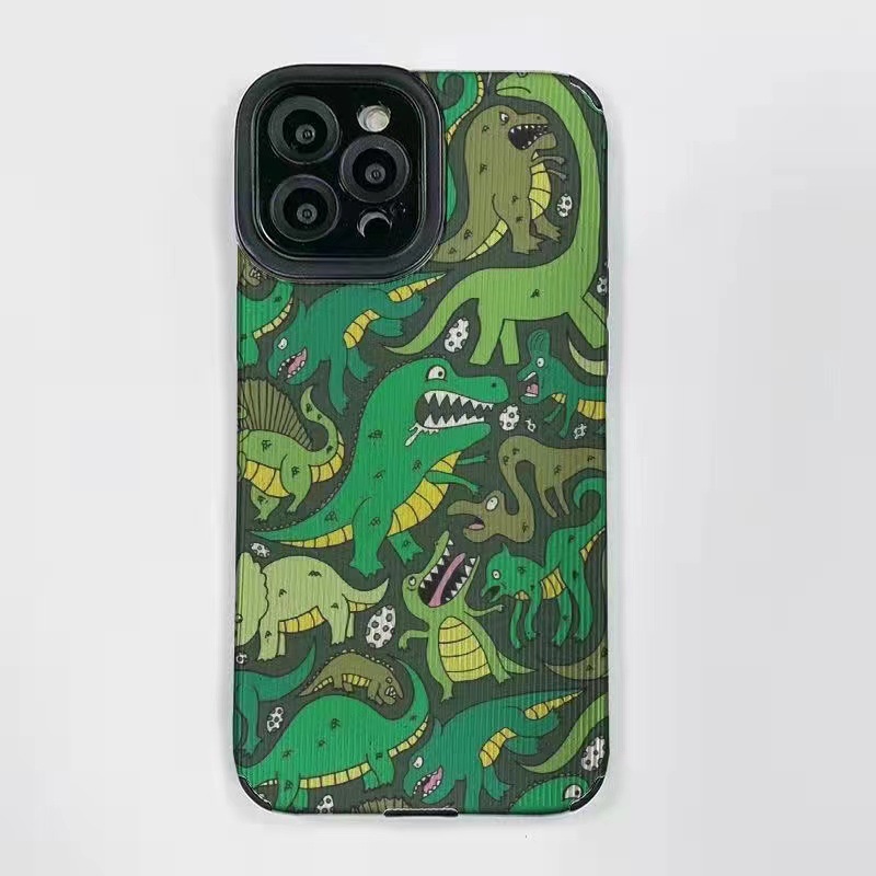 [Kulit Domba] Soft Case Kulit Untuk IPhone 6S 7plus 8plus X XS XR XS Max11 13 12 14 PRO Max 14 Plus 12 13 Mini Ins Fashion Hijau Dinosaurus Perempuan Wanita