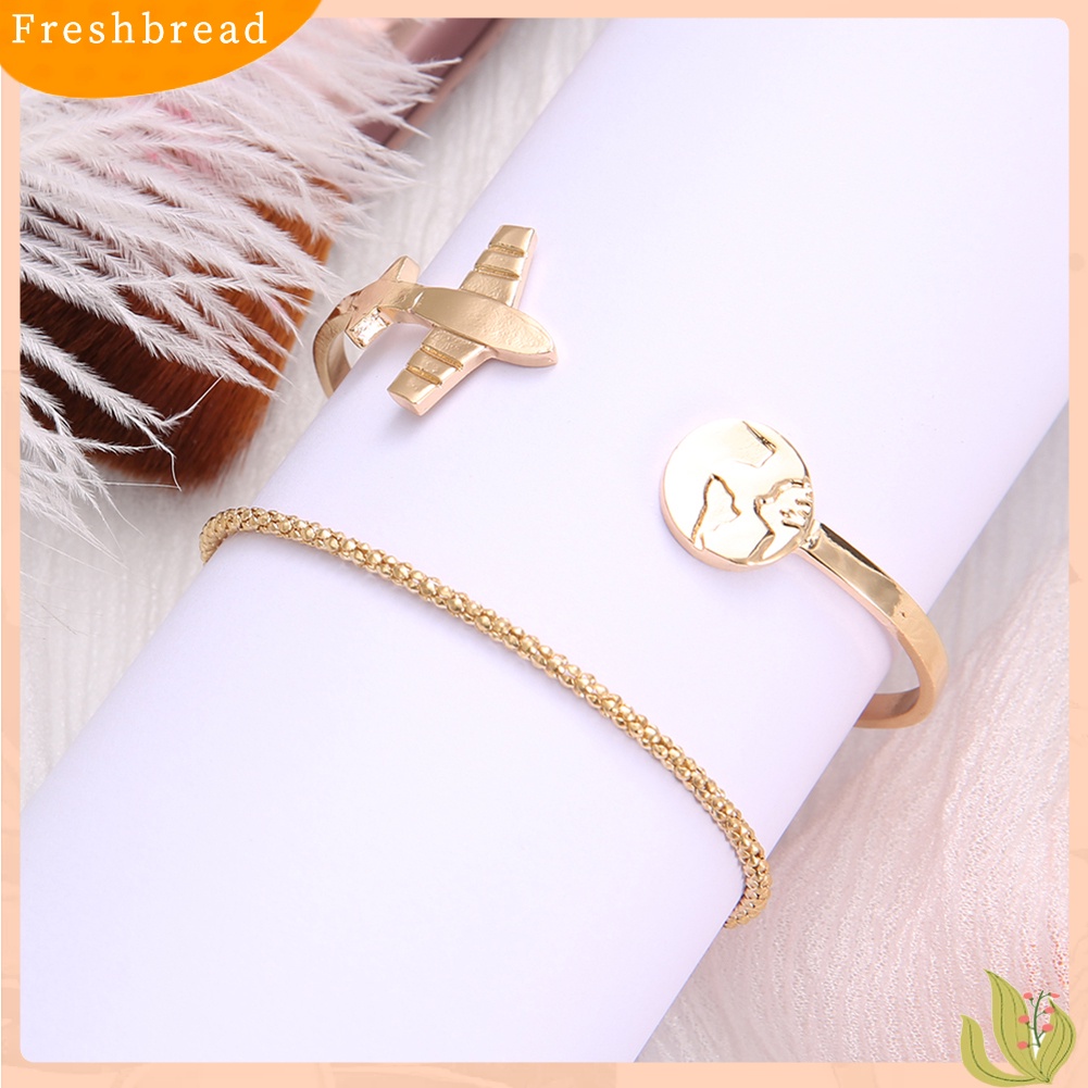 &lt; Freshbread &gt; 2Pcs/Set Wanita Map Plane Open Bangle Gelang Rantai Pergelangan Tangan Hias Perhiasan