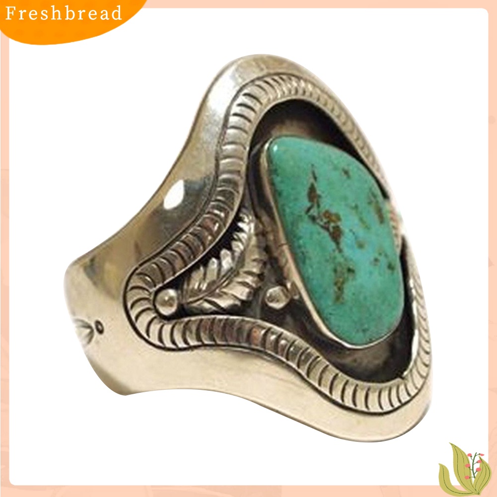 &lt; Freshbread &gt; Vintage Daun Imitasi Turquoise Alloy Ukiran Unisex Jari Cincin Pesta Perhiasan Hadiah