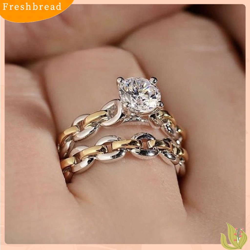 &lt; Freshbread &gt; 2Pcs/Set Rantai Permukaan Halus Pernikahan Band Alloy Two-tone Berlian Imitasi Wanita Rings Charm Jewelry