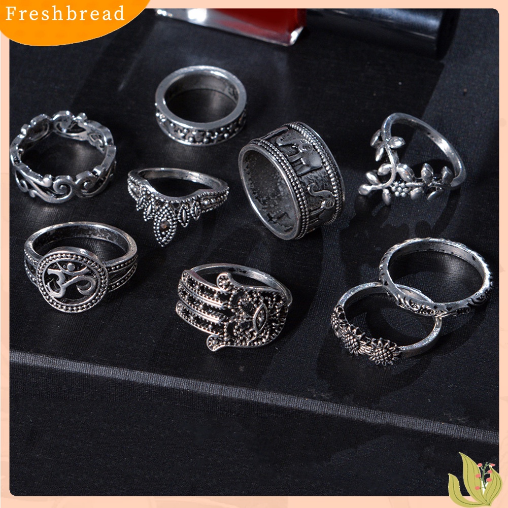 &lt; Freshbread &gt; 9Pcs Wanita Retro Ukiran Bunga Matahari Hamsa Tangan Fatima Hollow Knuckle Rings Set