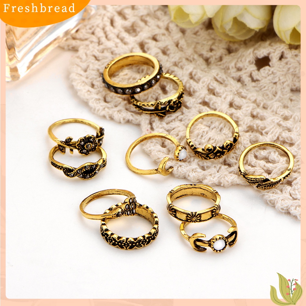 &lt; Freshbread &gt; 11pcs Wanita Retro Daun Mawar Ukir Buku Jari Cincin Alloy Ring Set Perhiasan