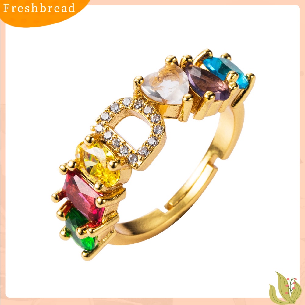 &lt; Freshbread &gt; Unisex Rainbow Cubic Zirconia Bertatahkan Surat Terbuka Cincin Adjustable Perhiasan Hadiah