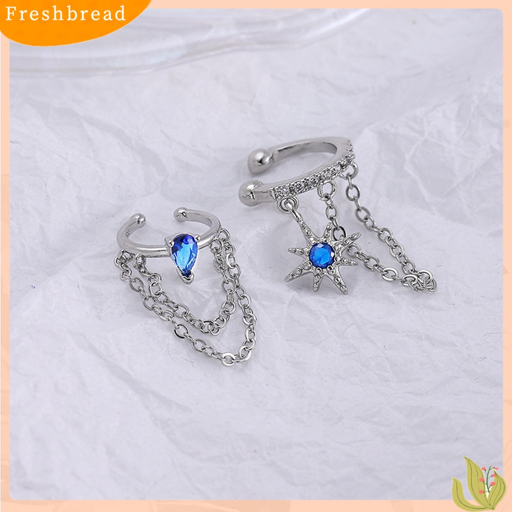 &lt; Freshbread &gt; 1Pc Klip Anting Bintang Geometris Kubus Zirconia Gaya Korea Rantai Rumbai Klip Telinga Untuk Pesta Perjamuan Pernikahan Prom