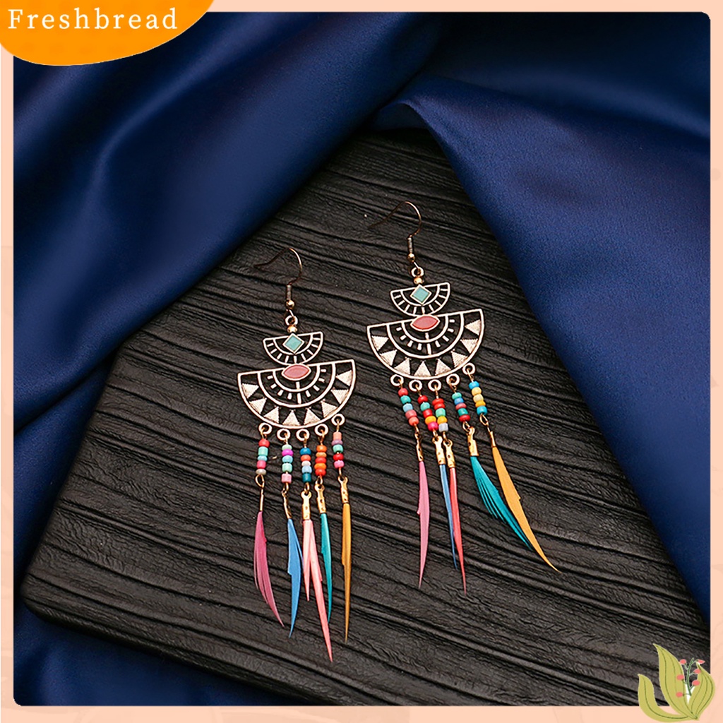 &lt; Freshbread &gt; Anting Retro Manik-Manik Resin Romantis Bohemian Bulu Rumbai Fringe Earrings Untuk Wanita