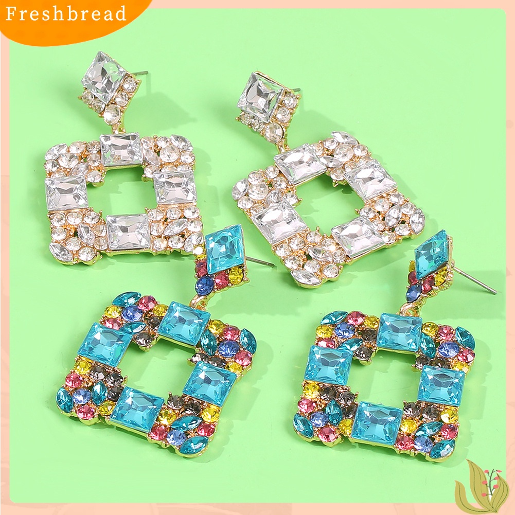 &lt; Freshbread &gt; Wanita Geometris Persegi Multicolor Berlian Imitasi Eardrop Statement Stud Earrings Hadiah