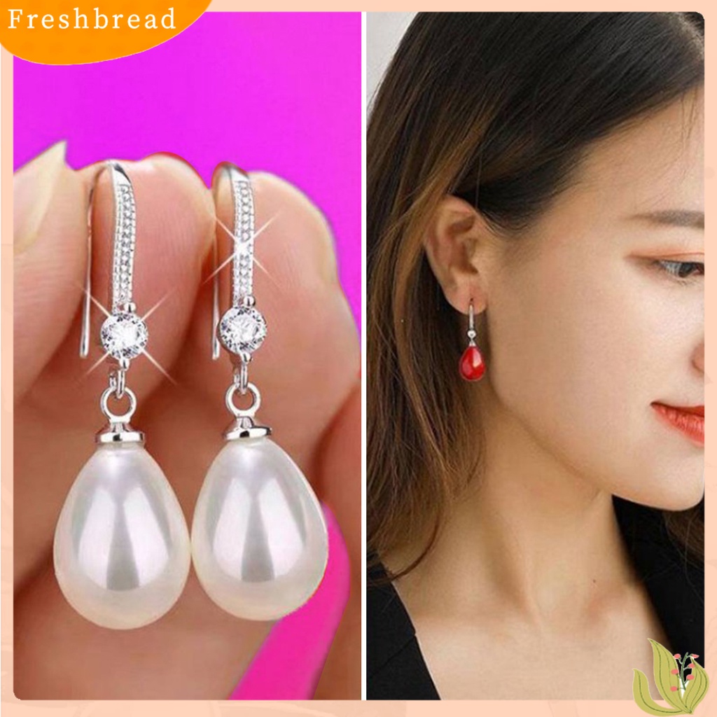 &lt; Freshbread &gt; 1pasang Anting Wanita Berbentuk Oval Perhiasan Mutiara Imitasi Berlian Imitasi Bersinar Anting Kait Untuk Prom