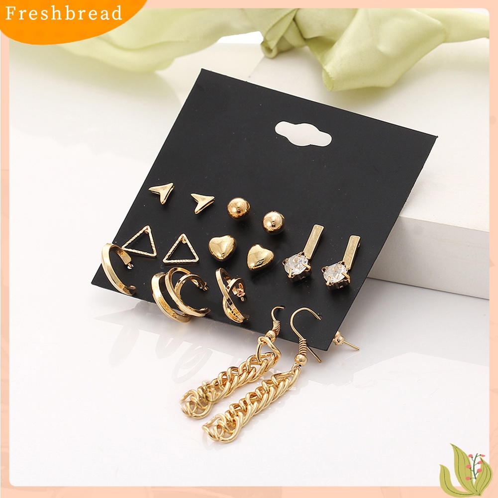 &lt; Freshbread &gt; 9pasang Fashion Wanita Berlian Imitasi Hati Bentuk Segitiga Ear Stud Hook Earrings