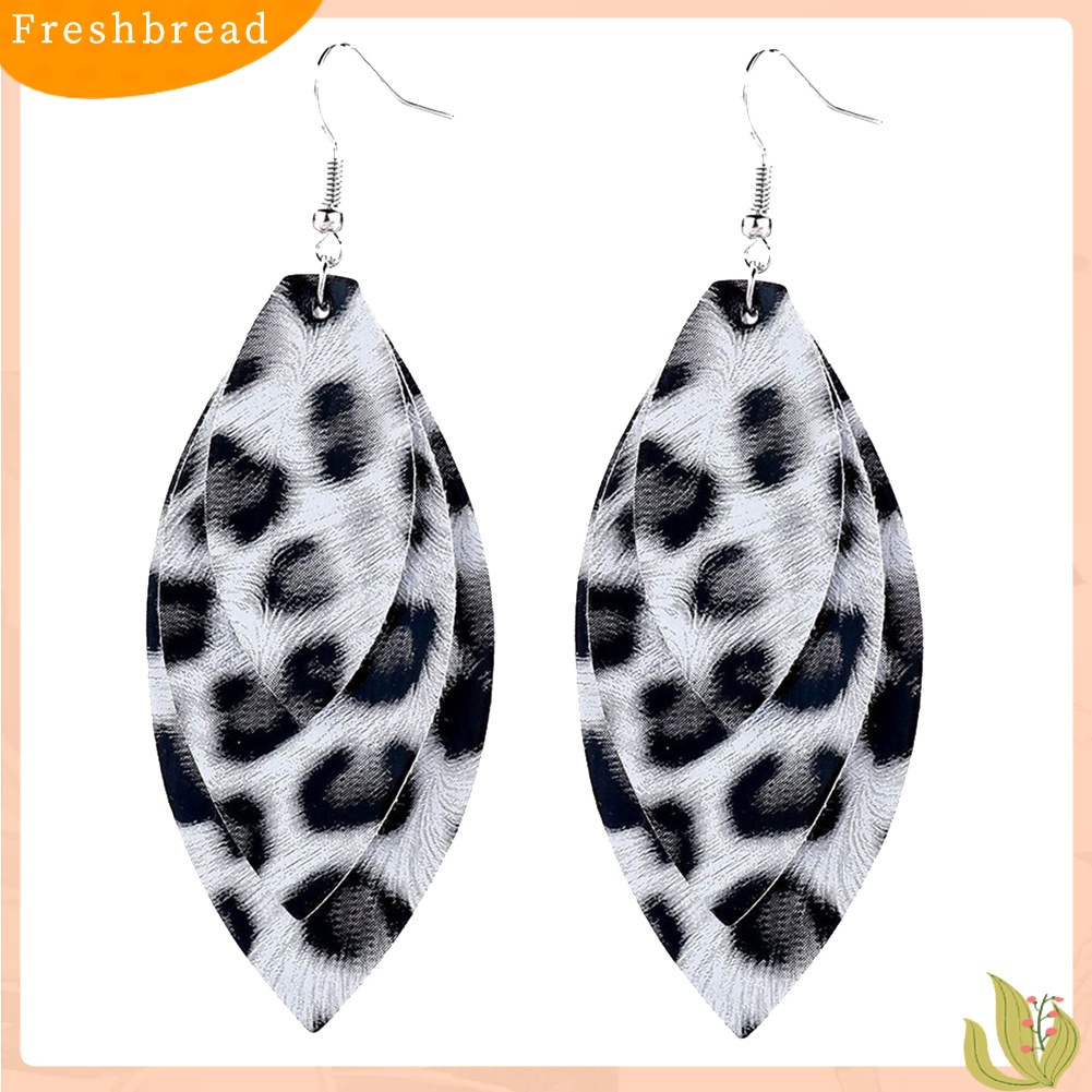 &lt; Freshbread &gt; Wanita Leopard Triple Layer Bentuk Daun Kulit Imitasi Anting Kait Menjuntai Panjang