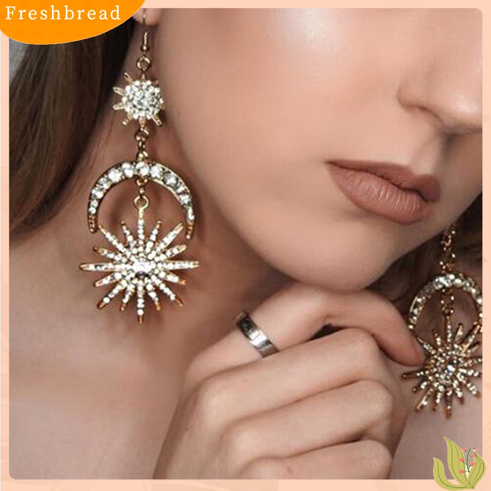 &lt; Freshbread &gt; Mewah Matahari Bulan Drop Anting-Anting Berlian Imitasi Mengkilap Ear Hook Boho Statement Jewelry