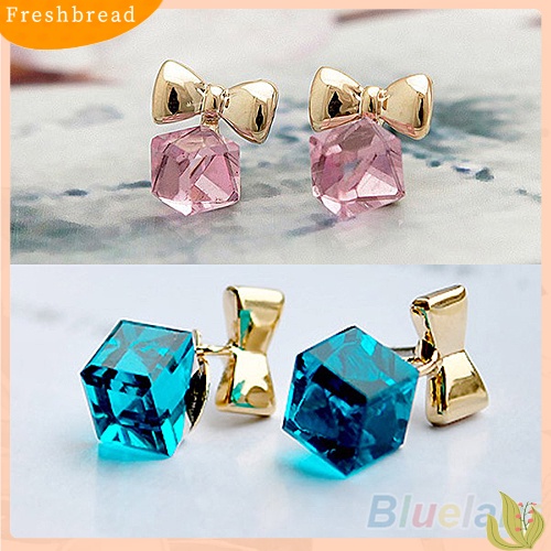 &lt; Freshbread &gt; Wanita Kilau Chic Ikatan Simpul Shiny Cube Berlian Imitasi Ear Studs Lucu Menjuntai Anting-Anting