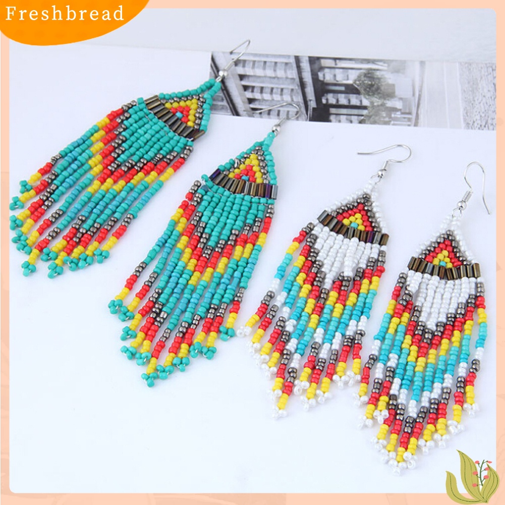 &lt; Freshbread &gt; Wanita Bohemian Panjang Manik-Manik Rumbai Drop Menjuntai Kait Anting Pesta Perhiasan Hadiah