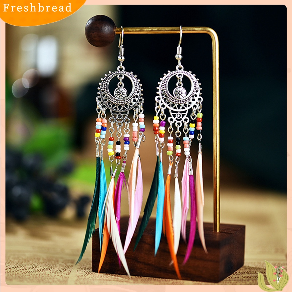 &lt; Freshbread &gt; 1pasang Anting Wanita Berongga Keluar Bulu Manik-Manik Warna-Warni Plating Perhiasan Bohemian Anting Menjuntai Untuk Pesta