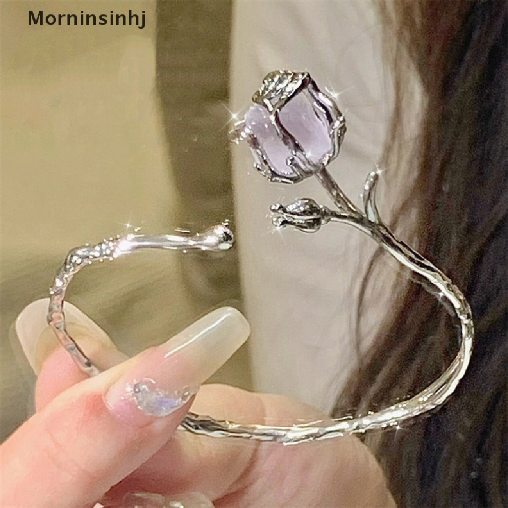 Mornin Tidak Teratur Ungu Rose Gelang Untuk Wanita Gadis Warna Perak Halus Perhiasan Hadiah Terbuka Bangle Gelang Adjustable Bangle Floral Jewelry id