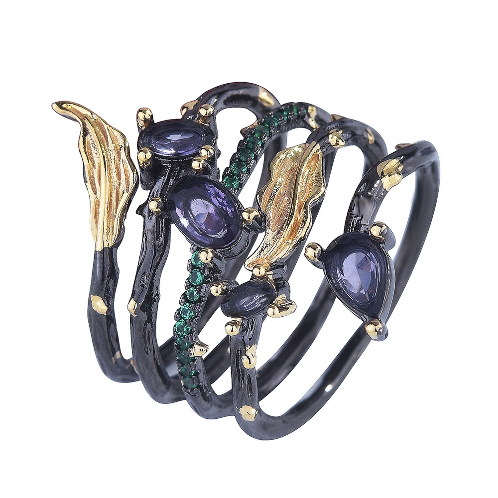 Goldkingdom Fashion Perhiasan Aksesoris Ready Stock Kreatif Daun Bulu Berwarna Berlian Permata Cincin Eropa Dan Amerika Nenek Zamrud Pertunangan Cincin Gadis