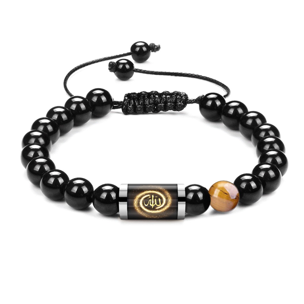 Gelang Tauhid Lafadz Allah Muhammad Batu Alam Asli Black Onyx Tiger Eye Tabung Kaca Stainless Steel Pria Wanita