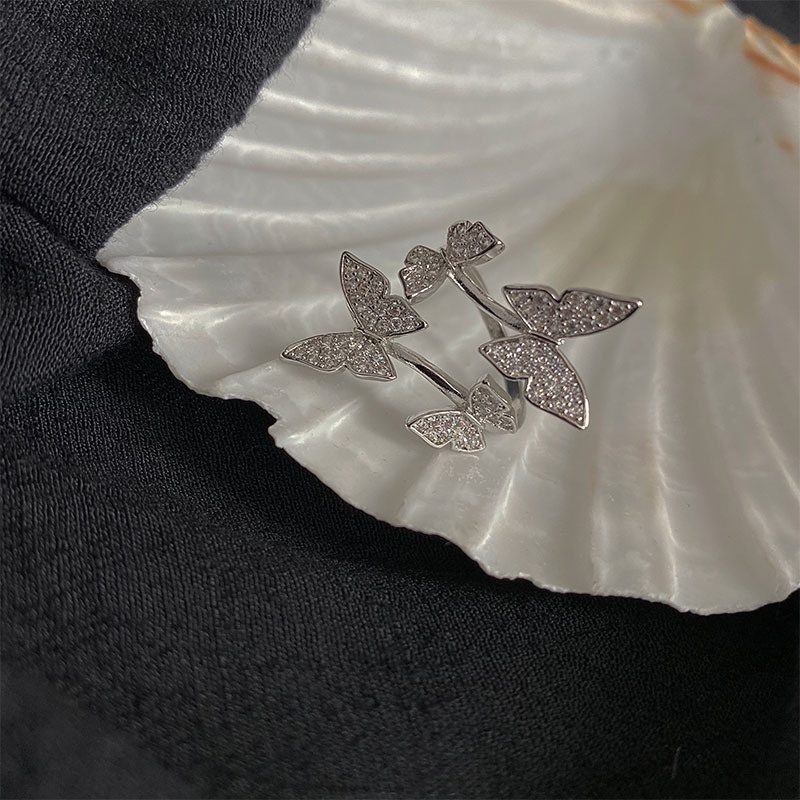 Goldkingdom Fashion Perhiasan Aksesoris Ready Stock Asli Buatan Tangan Mikro Bertatahkan Zirkon Kupu-Kupu Elemen Cincin Cincin Gadis Halus Jari Telunjuk Cincin