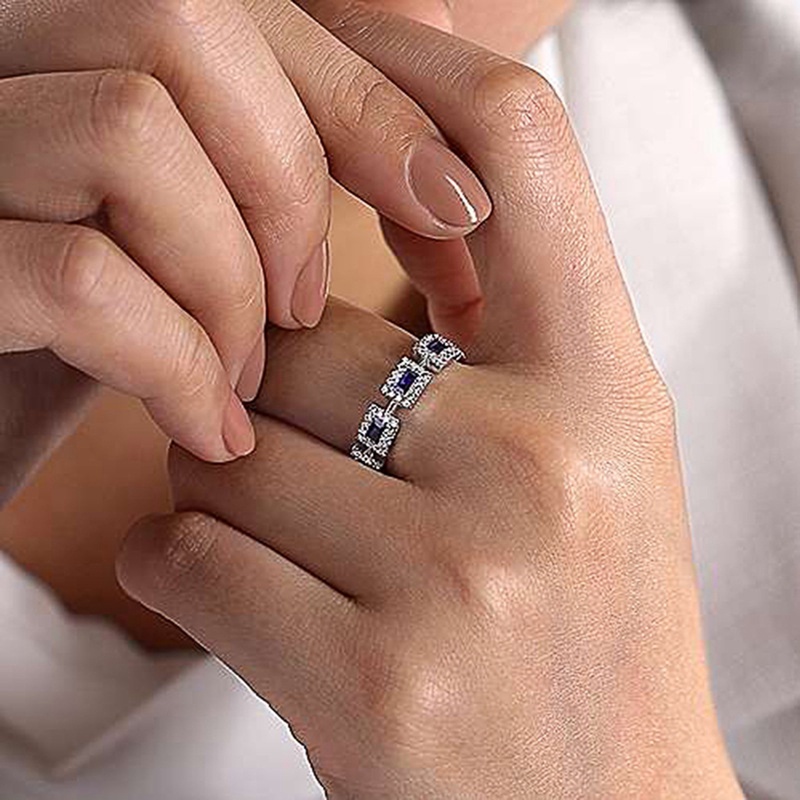 Cincin Jari CZ Putih Biru Berkilau Untuk Wanita Berbentuk Geometris Fashion Mewah Perempuan Rings Indah Pernikahan Band Perhiasan