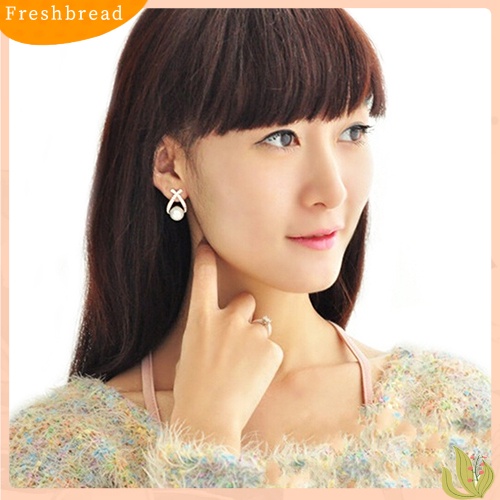 {In Stock} Women's Faux Pearl Ear Studs Earrings Cross Berlian Imitasi Hadiah Perhiasan Pernikahan