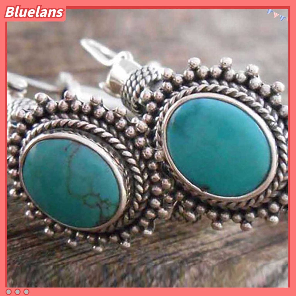 {In Stock} 1pasang Anting Hoop Tindik Oval Ukir Unik Biru Turquoise Bohemia Retro Earrings Aksesoris Perhiasan