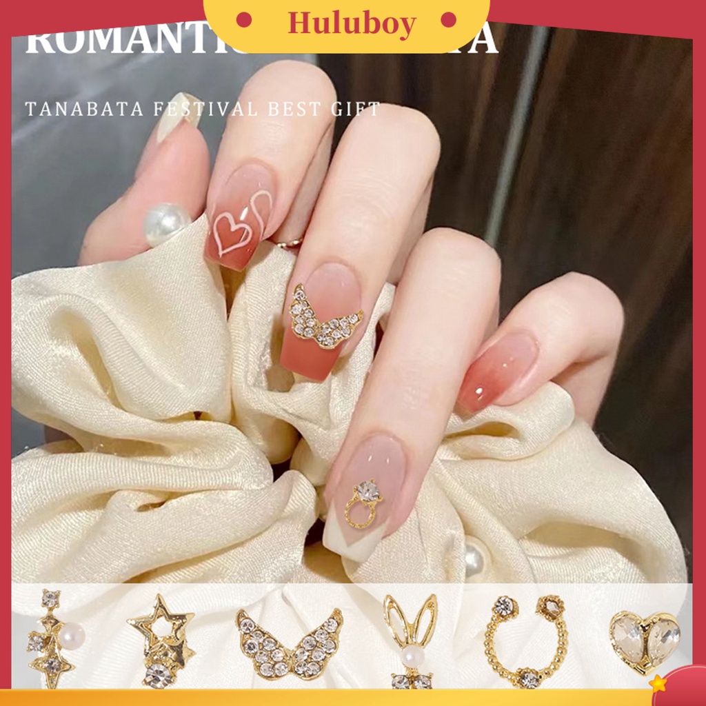 {In Stock} 10Pcs Manicure Decor Tiga Dimensi Bersinar Berkilau DIY Tahan Karat Mutiara Palsu Emas Jantung Busur Berlian Palsu Pesona Kuku Salon Pasokan