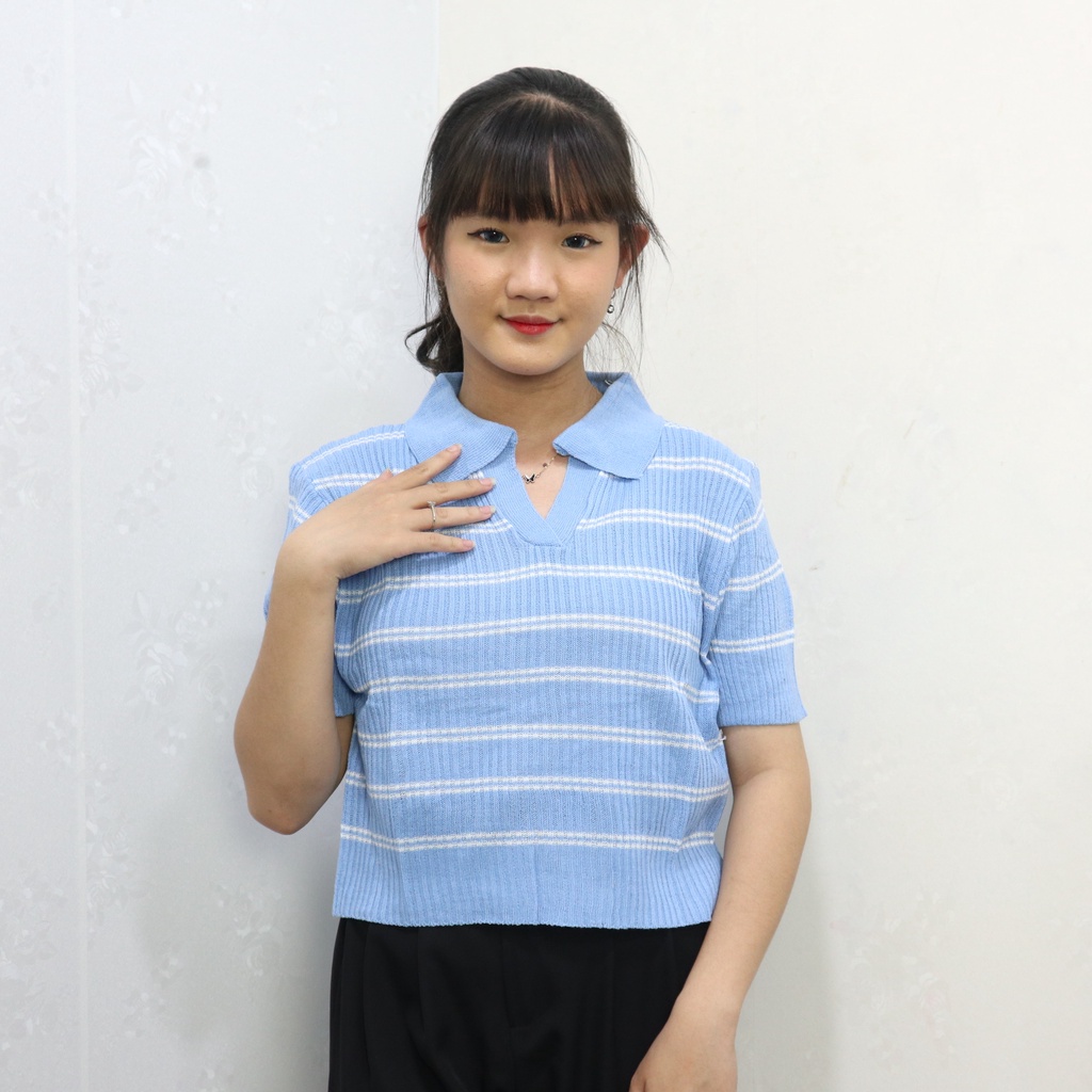 Knit Crop Top Korea Kaos Kerah Wangky Polo Shirt Atasan Wanita
