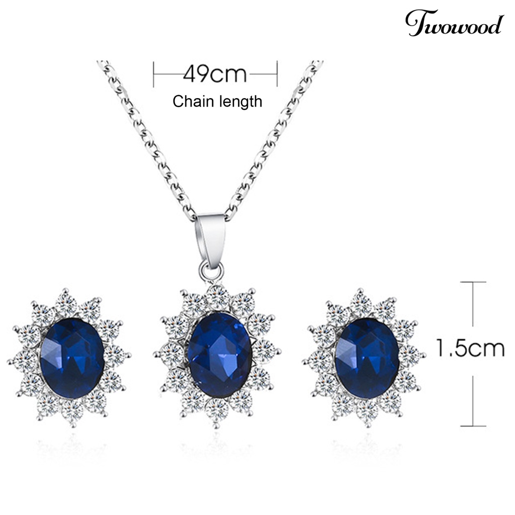 Twowood 2Pcs/Set Rantai Logam Mulia Elegan Kalung Anting Cubic Zirconia Bentuk Bunga Anting Pengantin Kalung Set Perhiasan Aksesori