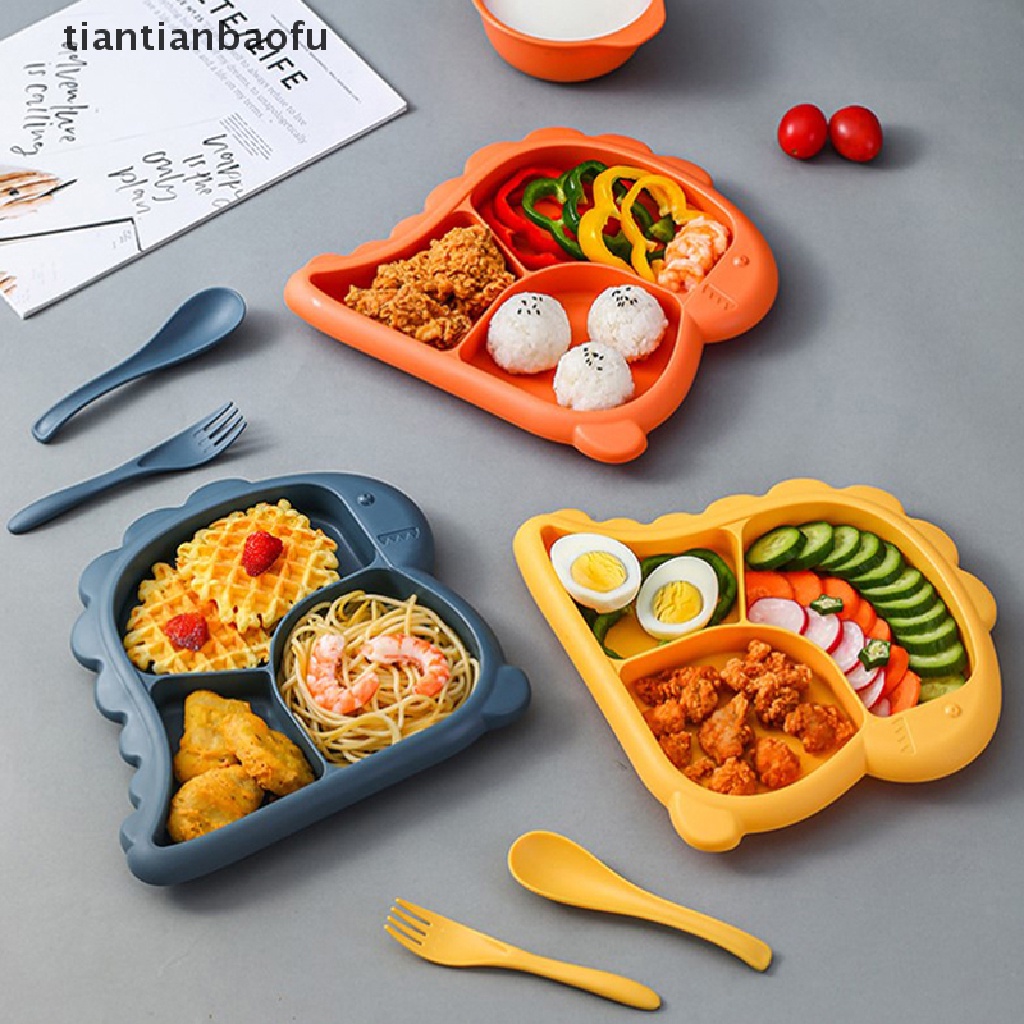 [tiantianbaofu] 4pcs/set Peralatan Makan Bayi Dinosaurus Anak Piring Makan Grid Piring Makan Butik