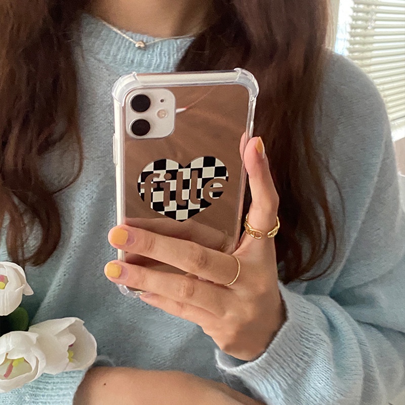 IPHONE Cover Casing Cermin Telepon Desain Simple Warna Kontras Kotak-Kotak Love Heart Untuk Iphone7 8 PLUS X XR XS 11 12 13 MINI PRO MAX SE 2020