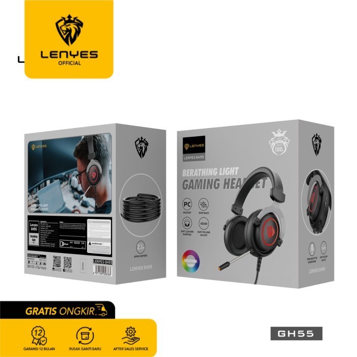 Lenyes GH55 Stereo Gaming Headset Headphones RGB Deep Bass Original earphone music musik gamer