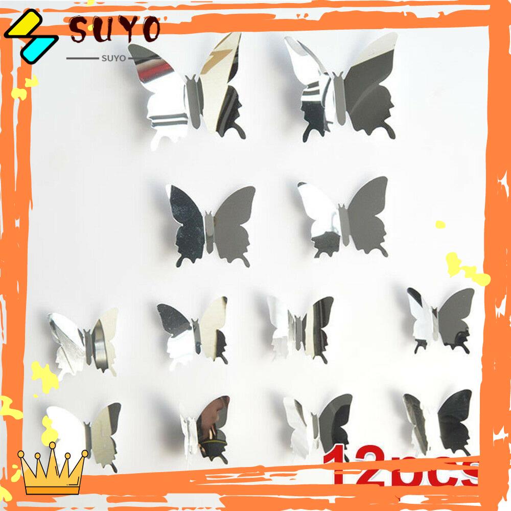 Suyo 12pcs Stiker Dinding Cermin 3D Fashion Removable Dekorasi Ruang Tamu Kupu Kupu PVC