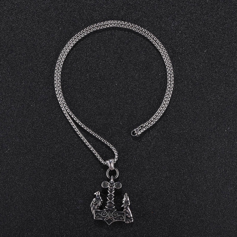 [X C Kalung] Baru Silvery Vintage Viking Logo Thor Palu Gagak Dan Serigala Liontin Punk Hip Hop Stainless Steel Kalung Hadiah Pesta Ulang Tahun Untuk Pria Dan Wanita