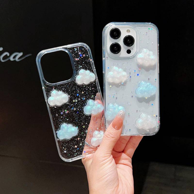 Casing Ponsel 3D Awan Glitter Untuk iPhone 14 13 12 11 Pro MAX Plus Mini Bintang Payet Bening Lembut Pelindung Cover Untuk iPhone X XS MAX XR 7 8 Plus SE 2022 2020 14Plus 13Mini 12Mini