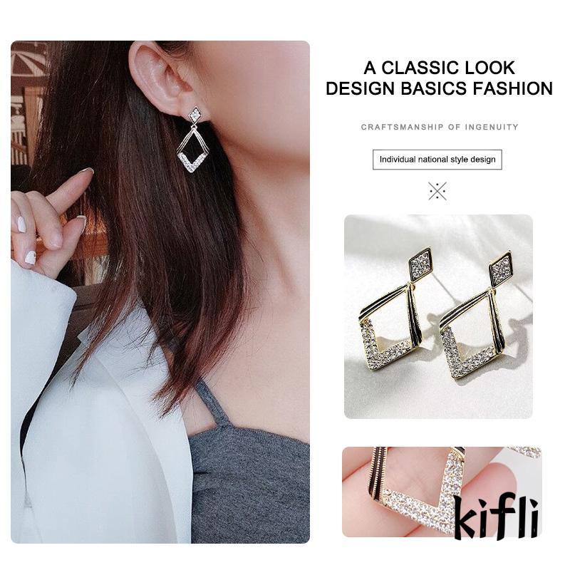 [KD] Temperamen Gaya Panjang Wanita Electroplated Belah Ketupat Geometris Cahaya Anting Mewah