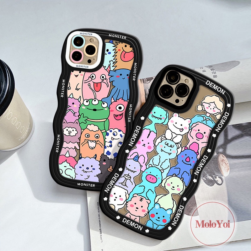 IPHONE Kartun Hewan Lucu Monster Kecil Case Kompatibel Untuk Iphone11 13 12 14 Pro Max 7Plus XR X XS Max 6s 6 7 8 Plus 14Plus SE 2020 Wavy Edge Tpu Soft Phone Cover