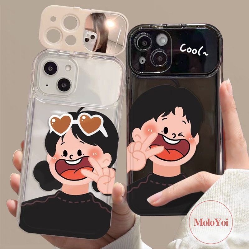 IPHONE Flip Make Up Cermin Couple Sweet Boy Girl Case Kompatibel Untuk Iphone14 11 13 12 Pro MAX 7Plus XR 78 14 Plus X XS MAX SE 2020 Lovely Lembut Shockproof Soft Cover