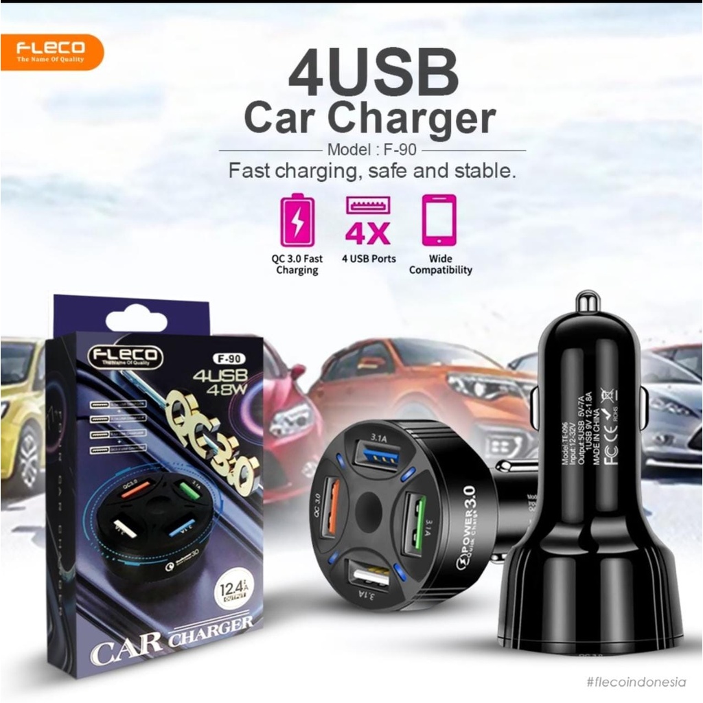 CAR CHARGER FLECO F-90 QUALCOMM 3.0 FAST CHARGING WITH 4 PORT USB BATOK SAVER MOBIL