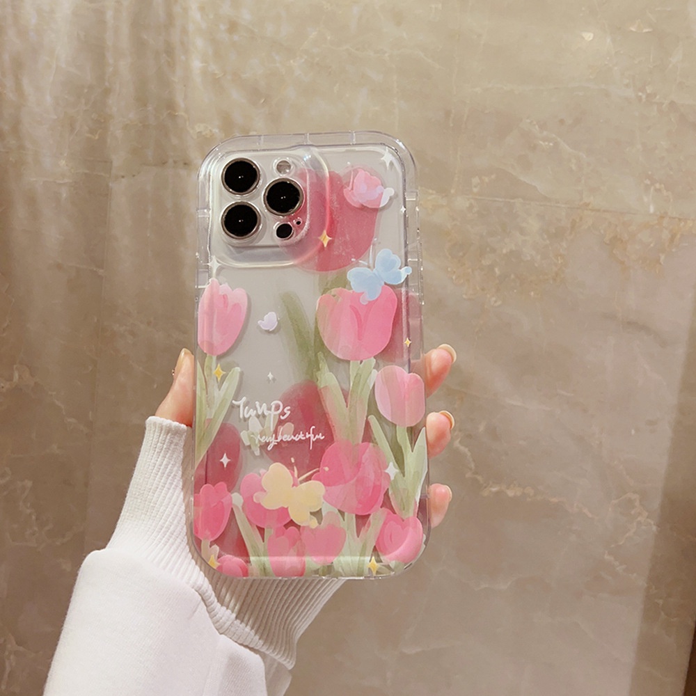 IPHONE Ins Pink Tulips Case Silikon Untuk Iphone14 11 12 13 PRO MAX Casing Cover Pelindung AT0143