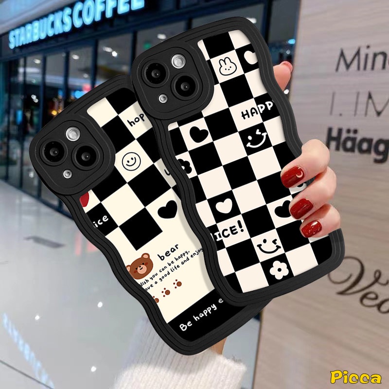 Redmi Note11 10 9 8 11Pro 10s 11s 9s 10Pro Max Redmi A1+10C 9A 9T 9 10A 9C A1 10 POCO M3 X3 NFC Pro Mi 11T Pro Smile Love Heart Chessboard Beruang Lucu Couple Lembut Bergelombang Tepi Sarung