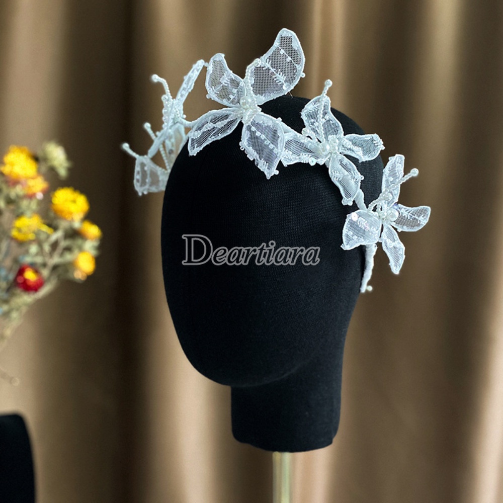 Fashion Mesh Kupu-Kupu Rambut Band Handmade Manik-Manik Renda Rambut Band Mutiara Ikat Kepala Pengantin Headband Pernikahan Aksesoris