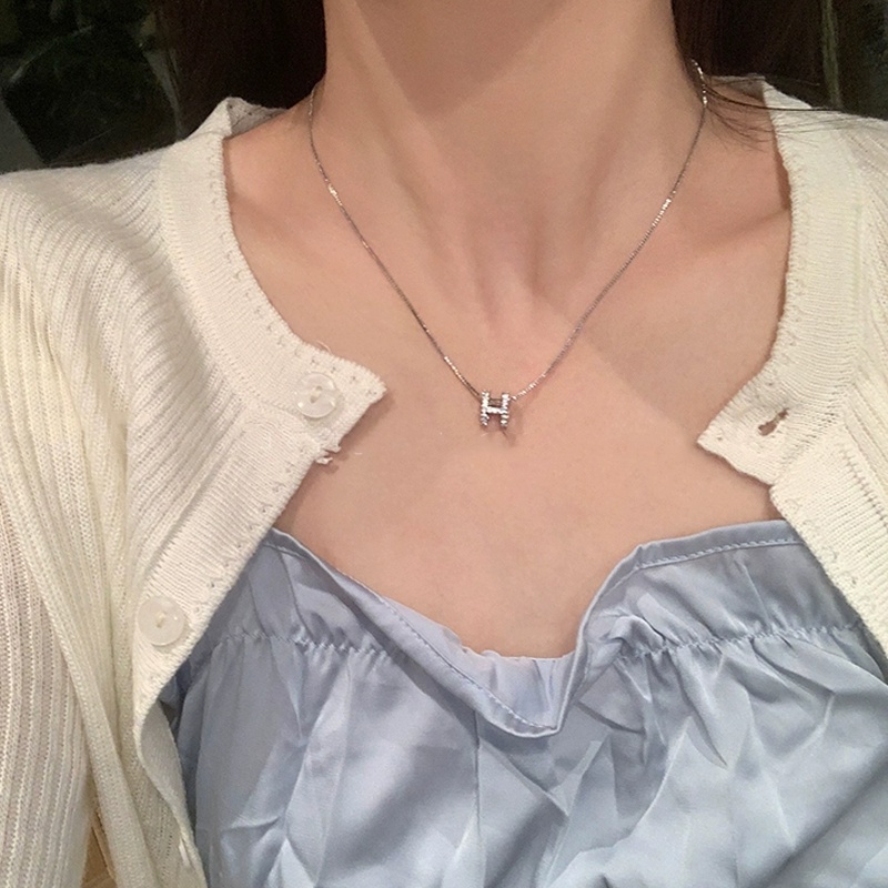 Papaozhu Ins Trendi Glittery Kristal Huruf H Liontin Kalung Untuk Wanita Gadis Fashion Bersinar Zirkon Kalung Perhiasan Temperamen Rantai Tulang Selangka