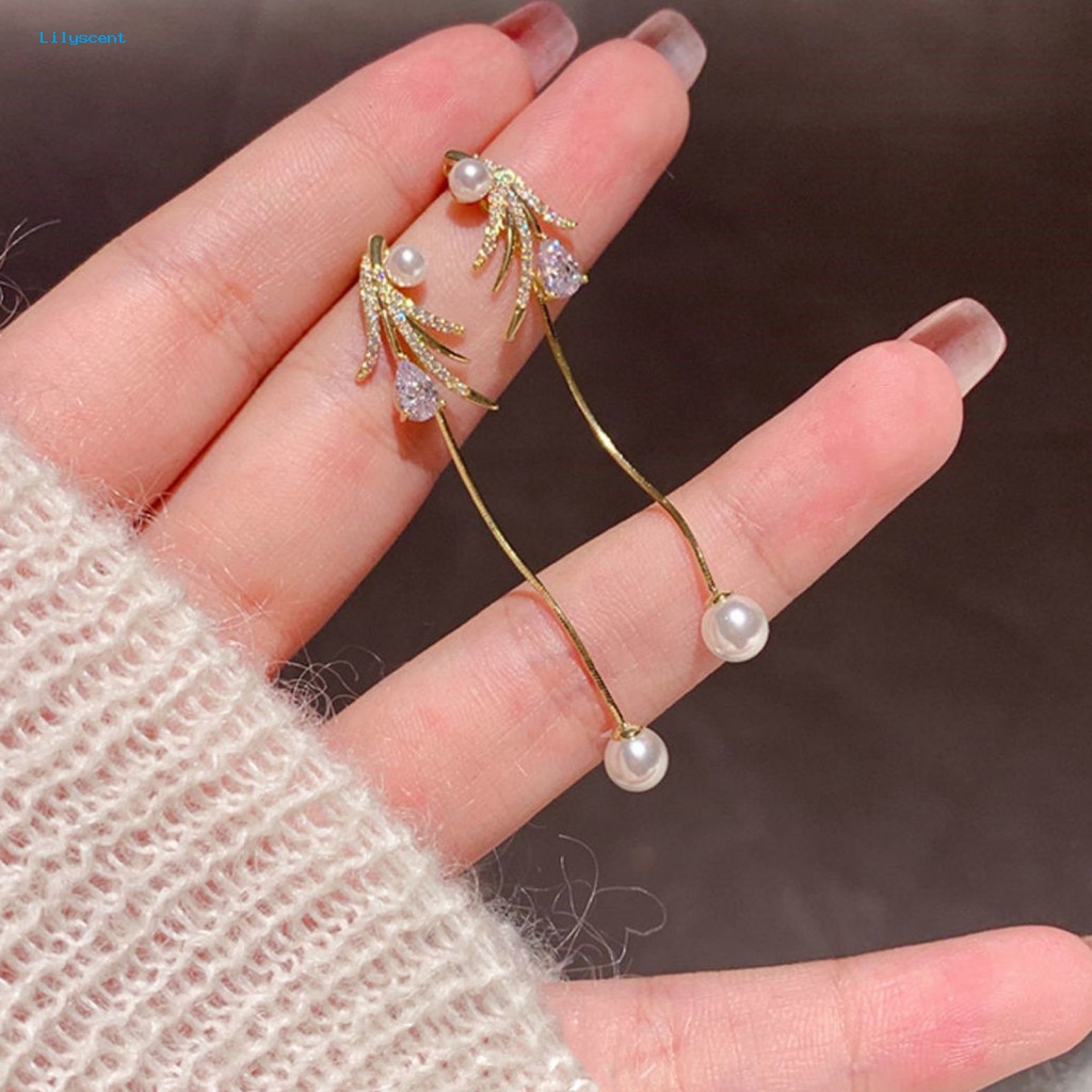 Lilyscent 1pasang High-end Stud Earrings Aksesoris Pakaian Wanita Mewah Daun Imitasi Mutiara Menjuntai Earrings Geometris