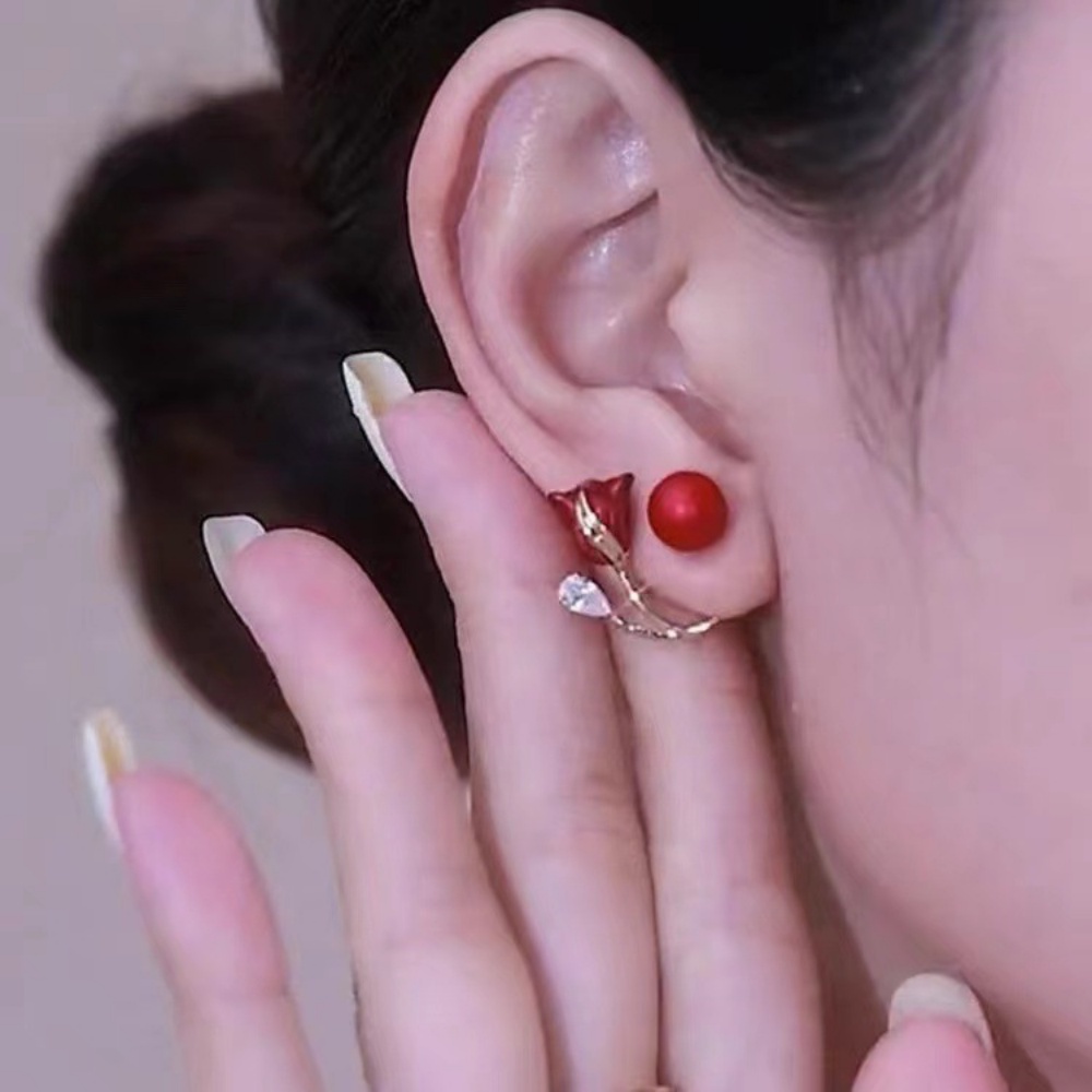 Deartiara Sepasang Anting Mutiara Imitasi Bunga Tulip Retro Merah Dengan Anting High-end Dan Bergaya