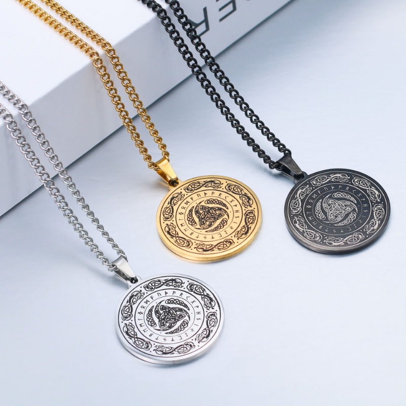 [X C Kalung] Emas &amp; Perak Baru Hip-hop Punk Retro Viking Rune Mark Irish Lingkaran Konsentrik ​​Kalung titanium Steel Liontin Anti Karat Untuk Pria &amp; Wanita Hadiah Liburan Permata