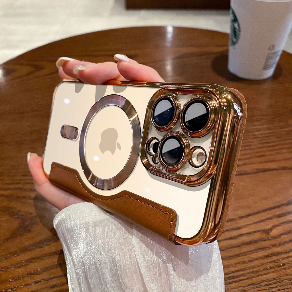 Premium Leather Card Holder Metal Magnet Ring iPhone 14 Pro Max case iPhone 13 11 12 Pro Max14 plus Pelindung Kamera Promax Casing Lensa Mewah Transparan Lapisan shock