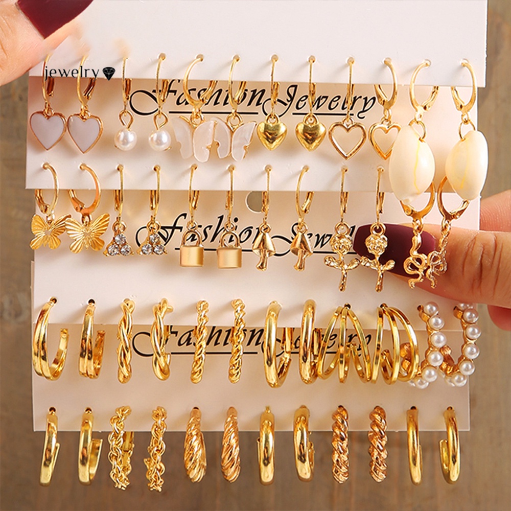 Ifyou Retro Mutiara Kupu-Kupu Hoop Earrings Set Fashion Kristal Rumbai Emas Stud Earrings Untuk Wanita Perhiasan Aksesoris